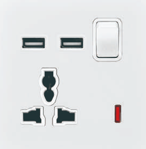 Switched Single 3 pin universal socket with 2 USB Port